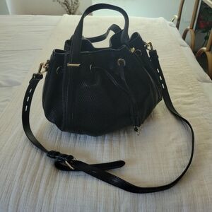 REBECCA MINKOFF Perforated Black Leather Drawstring Bucket Bag